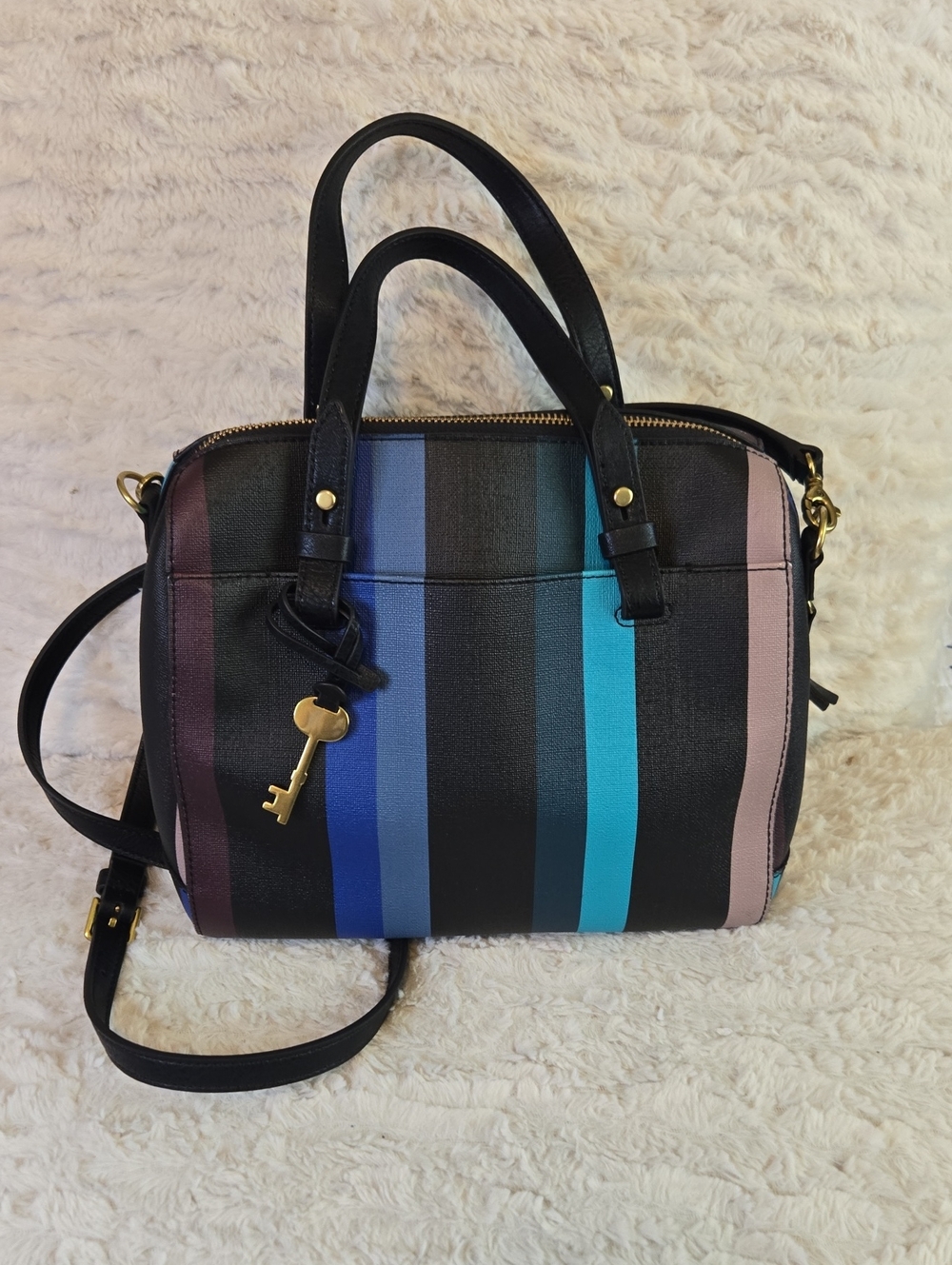 Fossil Black Satchel with Blue, Teal, Navy & Blush Stripes